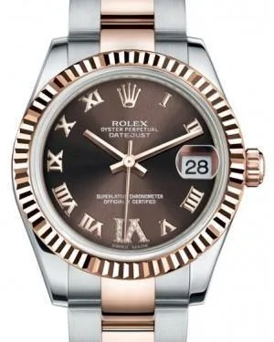 Rolex Datejust 31MM Lady Midsize Rose Gold/Steel Chocolate Roman Diamond VI Dial & Fluted Bezel Oyster Bracelet 178271 - NEW