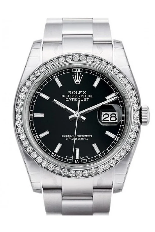 Rolex Datejust 36 Black Dial 18k White Gold Diamond Bezel Men's Watch 116244