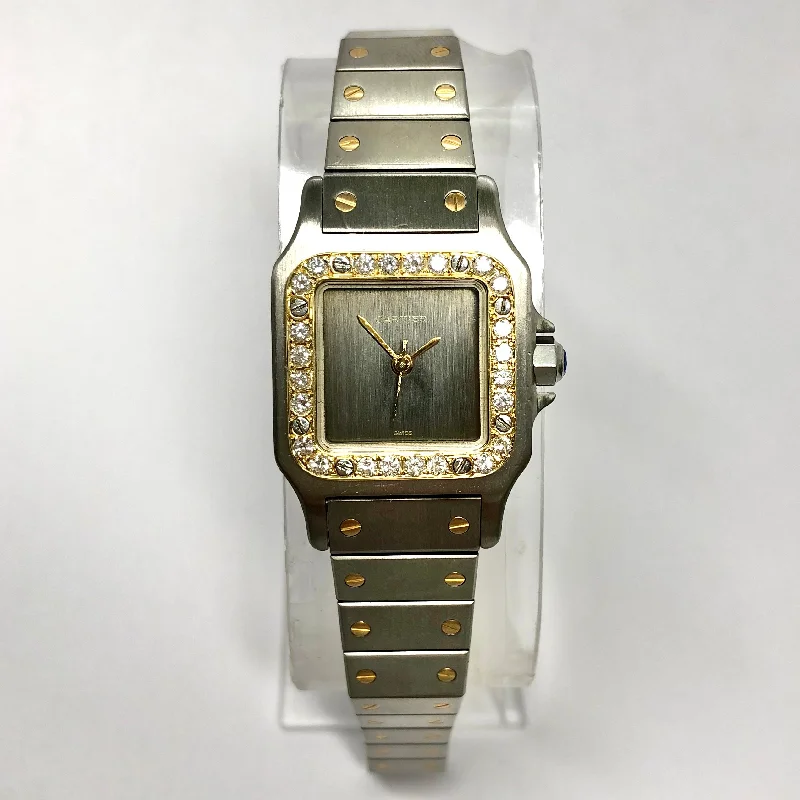 CARTIER SANTOS GALBEE 24mm Automatic 2 Tone Ladies Watch Diamond Bezel Gray Dial